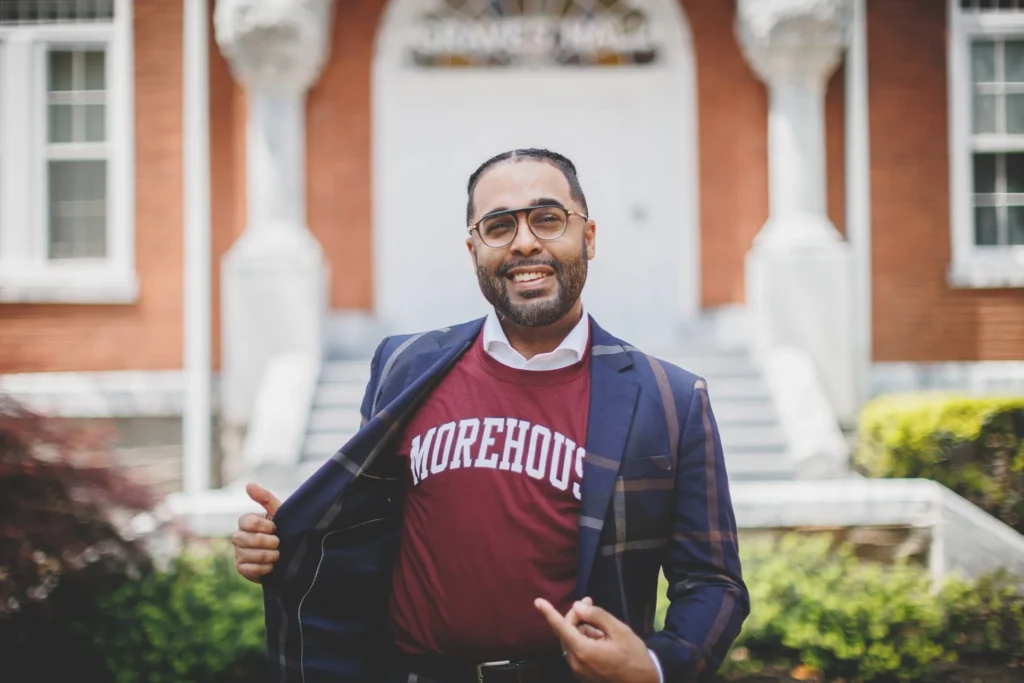 Person wearing Morehouse t-shirt on HBCU campus