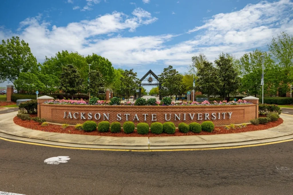 Jackson State University entrance sign with landscaped grounds